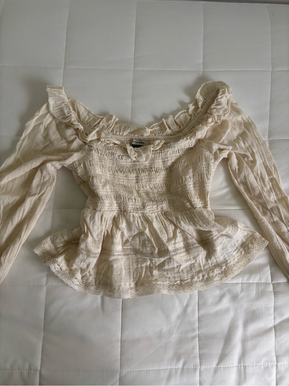 AE Long-Sleeve Smocked Eyelet Shirt